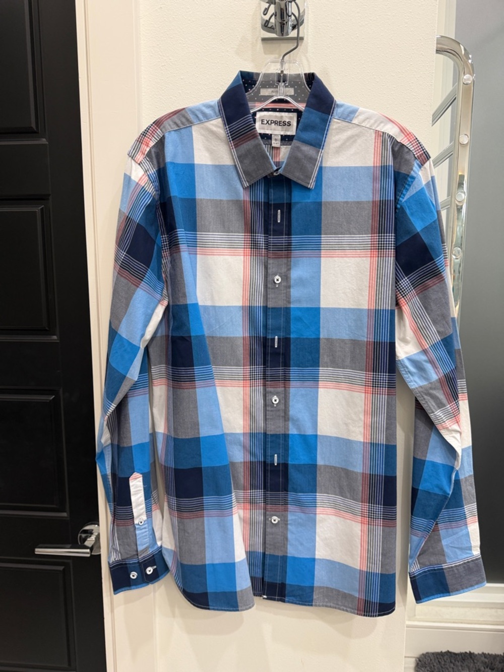 Express Men’s Blue and White Plaid Button-Down Shirt